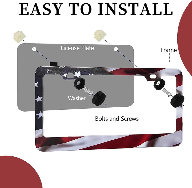LIN KANG Patriotic American Flag License Plate Frame Holder - 2 Pack Universal Aluminum Matte Stripe US Flag Gloss Car Plate Frame Covers with 2 Holes and Free Screws Fasteners Caps - Image 3